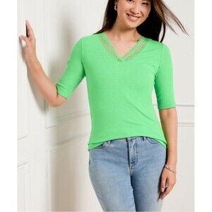 Talbots Lace Trim Top T-shirt v-Neck half Sleeve Petite Medium Green